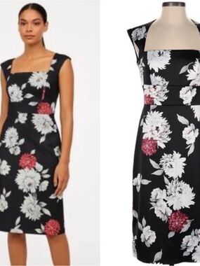 White House Black Market Floral Satin Midi Dress Sheath Size 2 #151